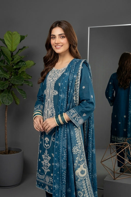 Royal Blue Embroidered Cotton 3-Piece Suit – Premium Stitched Dress with Printed Dupatta