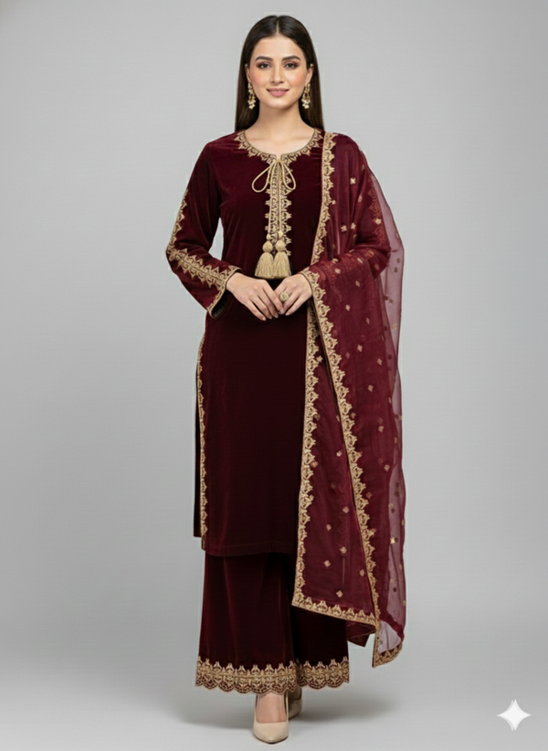 ✨ LUXURY MAROON VELVET EMBROIDERED 3-PIECE SUIT ✨