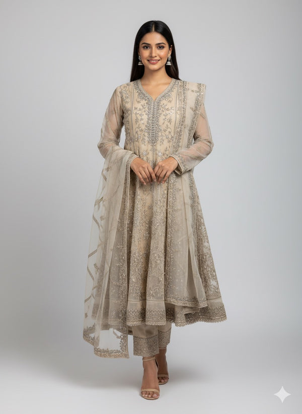 FANCY 3-PC OLIVE GREEN ORGANZA FROCK STYLE