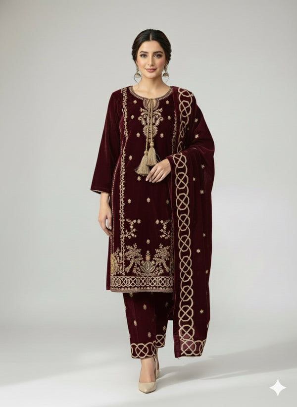 ROYAL VELVET 3-PIECE WINTER ENSEMBLE WITH VELVET SHWAL