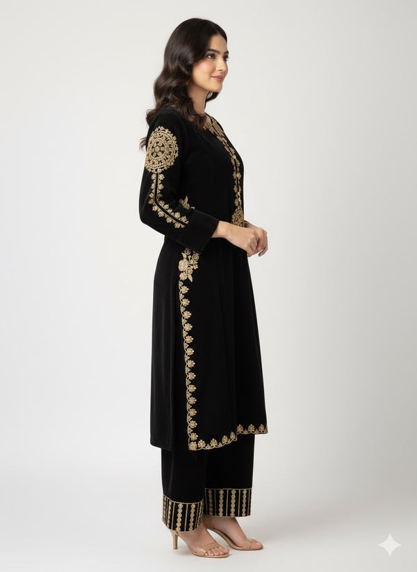 NEW GOLDEN TILLA WORK STITCHED 2PC VELVET DRESS