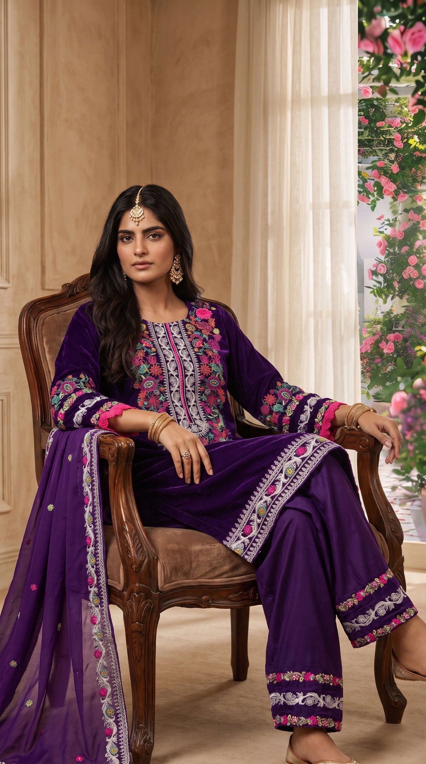 Royal Purple Embroidered Velvet 3-Piece Stitched Suit🔥