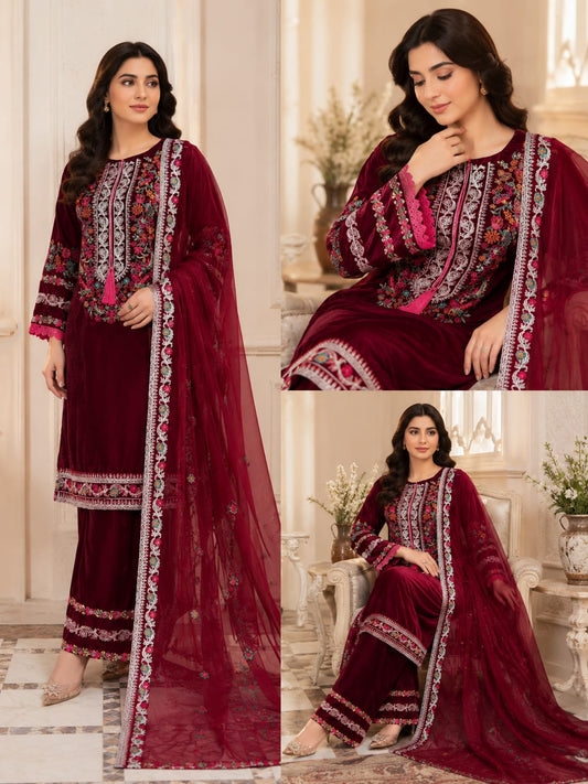 Royal Purple Embroidered Velvet 3-Piece Stitched Suit🔥