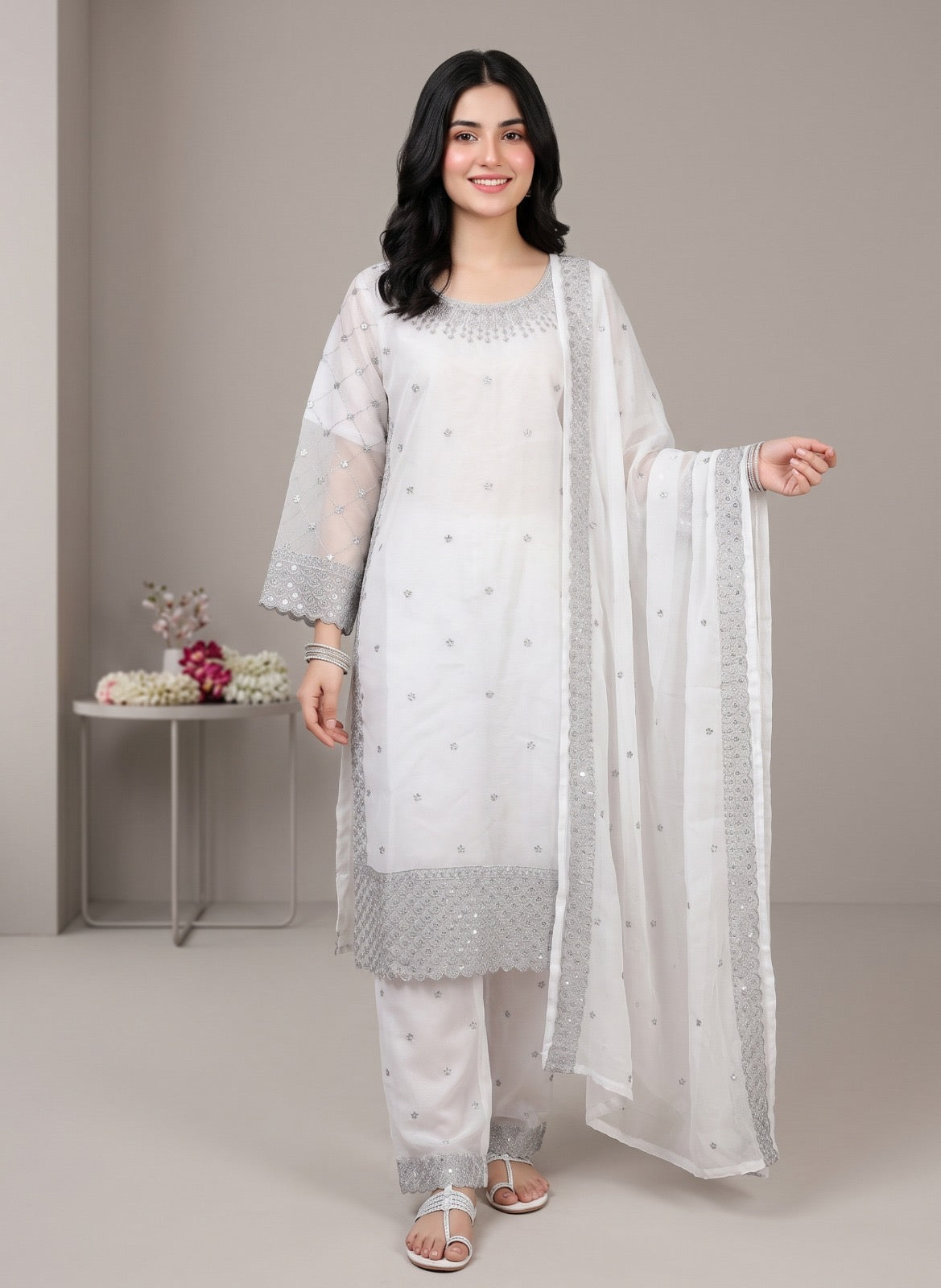 Chiffon Silver Tilla embroidered 3-Pcs