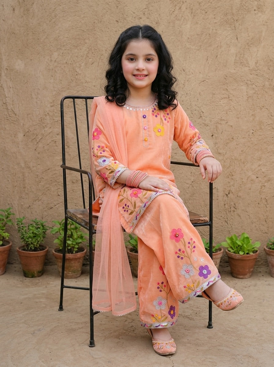 Fancy Chiffon Embroidered girls 3-Pcs Suit