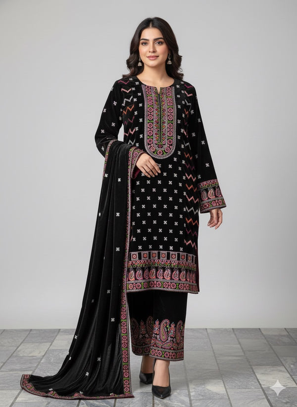 LUXURY BLACK VELVET EMBROIDERED 3-PIECE SUIT – WINTER FESTIVE COLLECTION