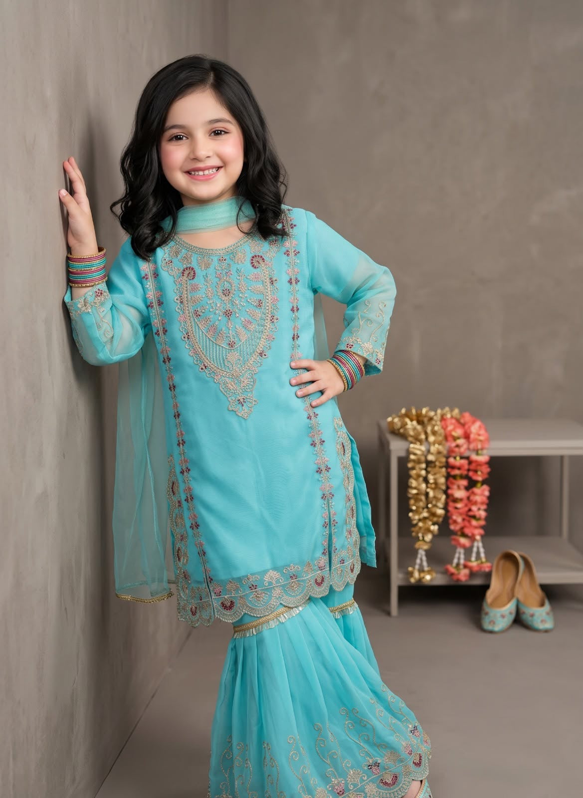 Girl’s Multi-Embroidered chiffon Sharara 3-Pcs Suit