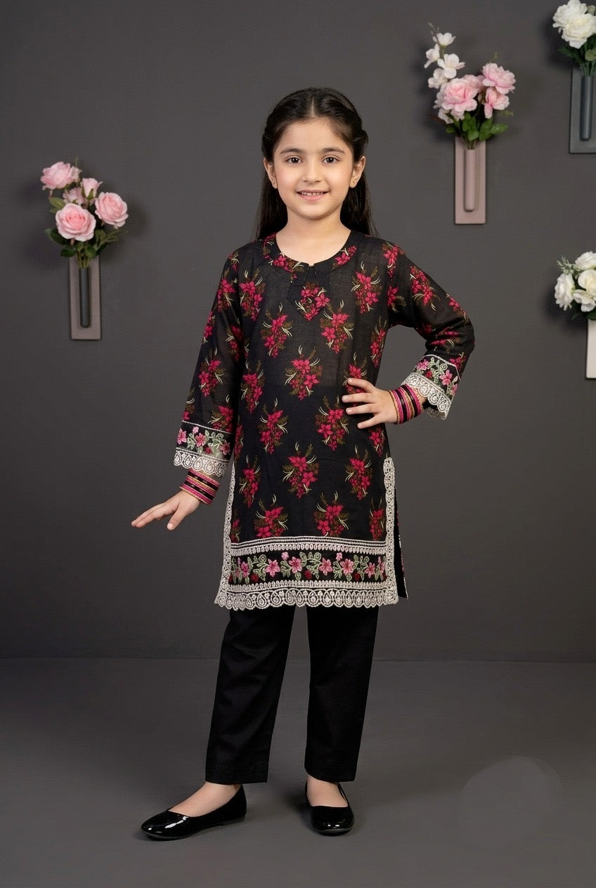 Girls print embroidered 2-pcs