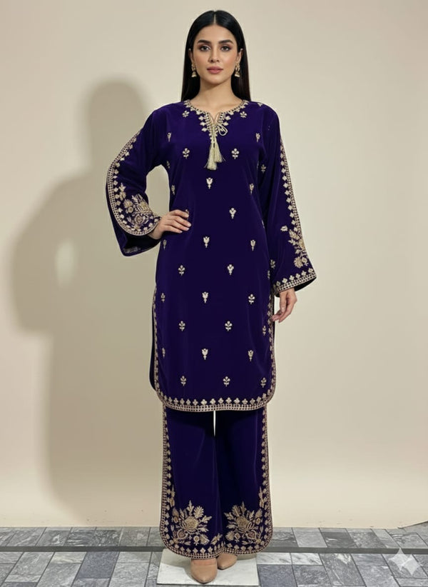 New Stunning bell-bottom styleWinter Stitched Velvet Embroidered 2-Piece Suits