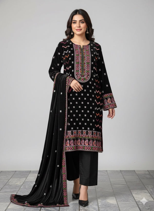 LUXURY BLACK VELVET EMBROIDERED 3-PIECE SUIT – WINTER FESTIVE COLLECTION