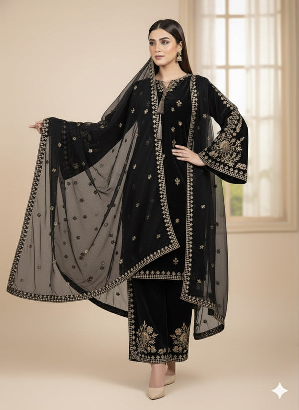 LUXURY BELL BOTTOM STYLE VELVET STITCHED 3PC DRESS