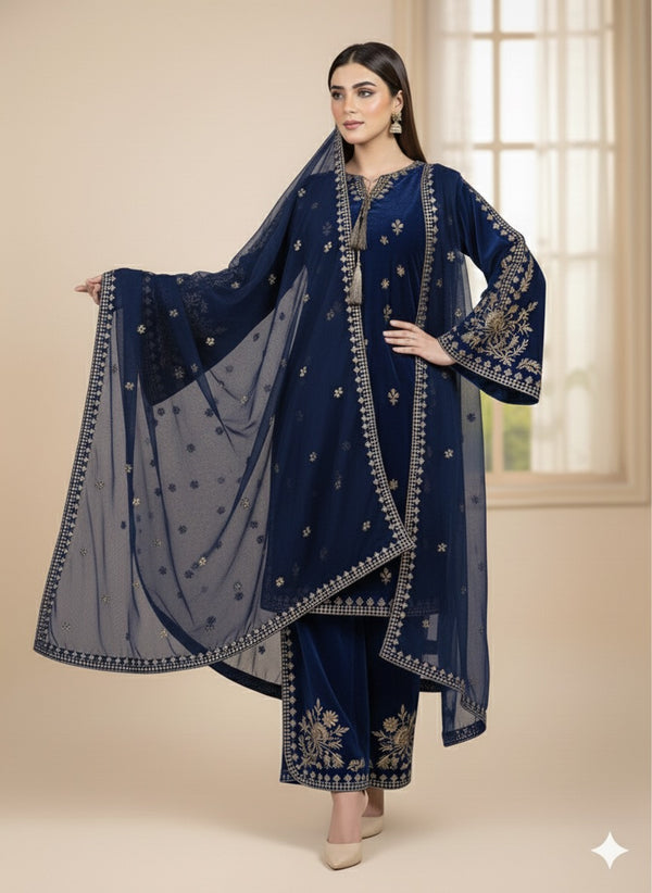 LUXURY BELL BOTTOM STYLE VELVET STITCHED 3PC DRESS