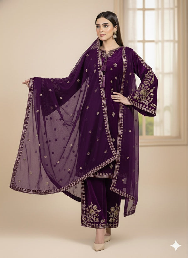 LUXURY BELL BOTTOM STYLE VELVET STITCHED 3PC DRESS