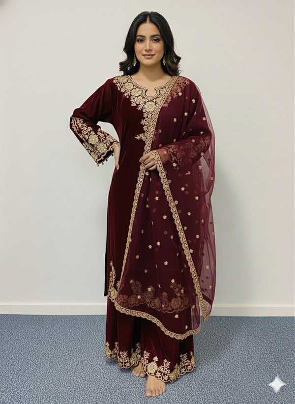 LUXURY VELVET EMBROIDERED 3-PIECE SUIT – PREMIUM WINTER FESTIVE COLLECTION