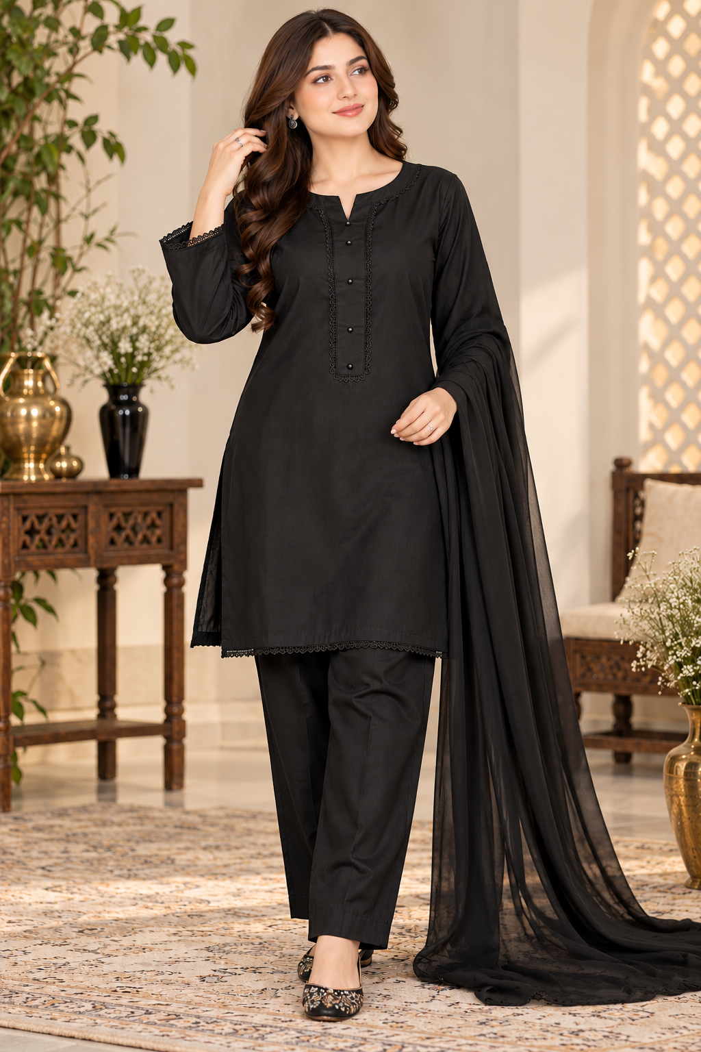 Elegant Black Cotton 3-PCS