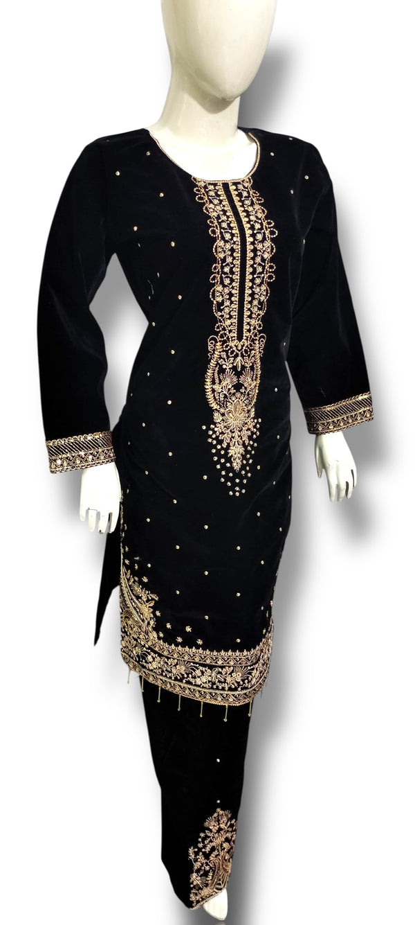 Luxury Velvet Black Embroidered 2-Piece Suit