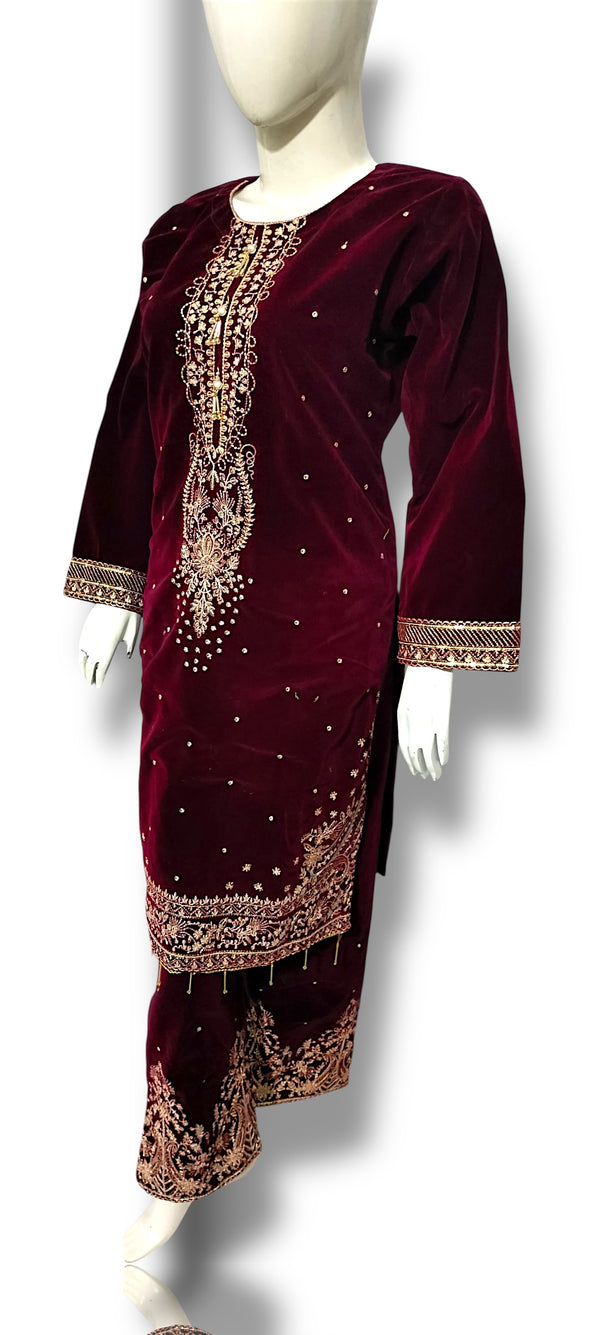 Luxury Velvet Maroon Embroidered 2-Piece Suit