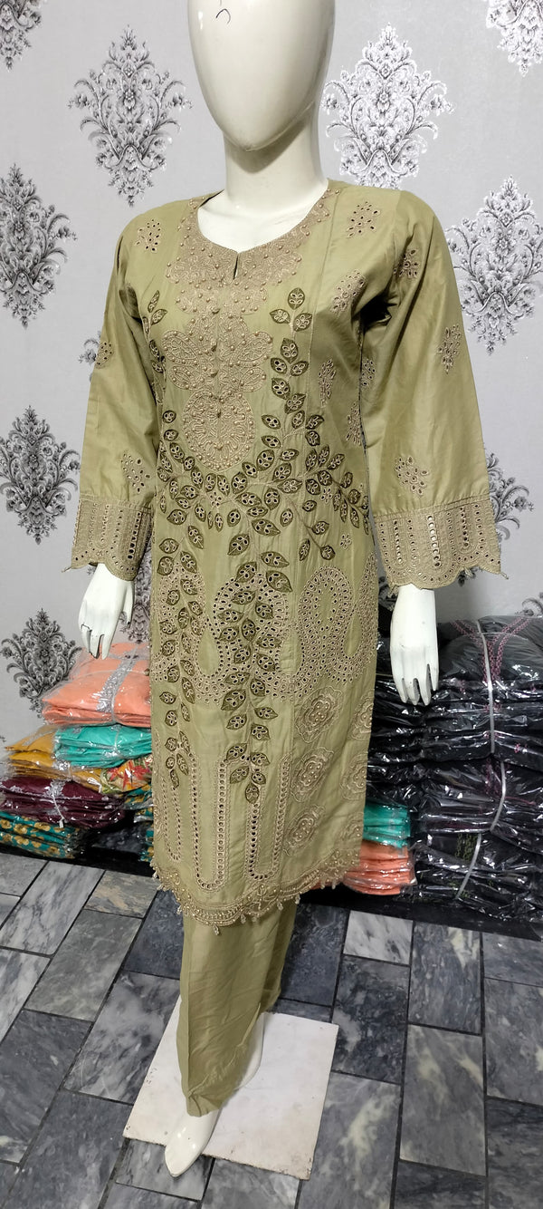 Ladies Beige Embroidered Cotton suit with a Floral Chiffon Dupata
