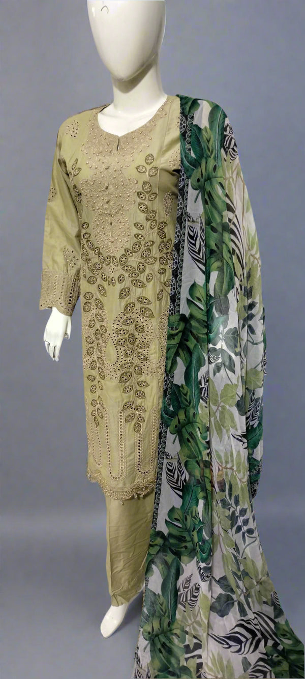 Ladies Beige Embroidered Cotton suit with a Floral Chiffon Dupata