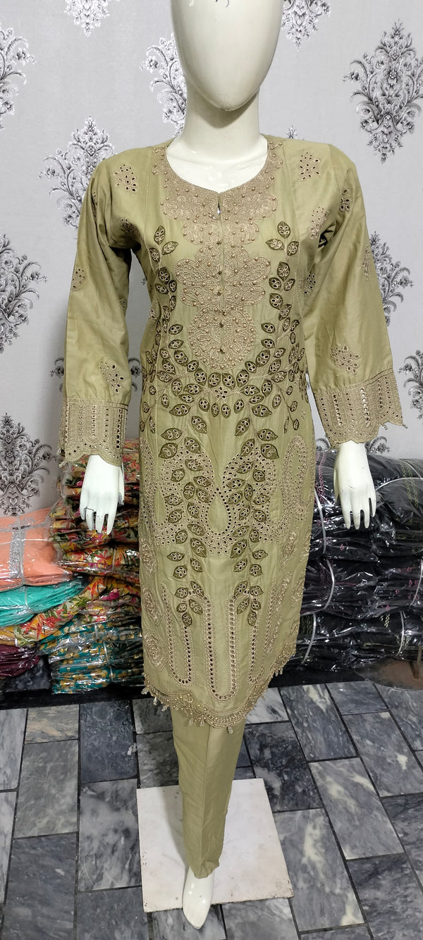Ladies Beige Embroidered Cotton suit with a Floral Chiffon Dupata