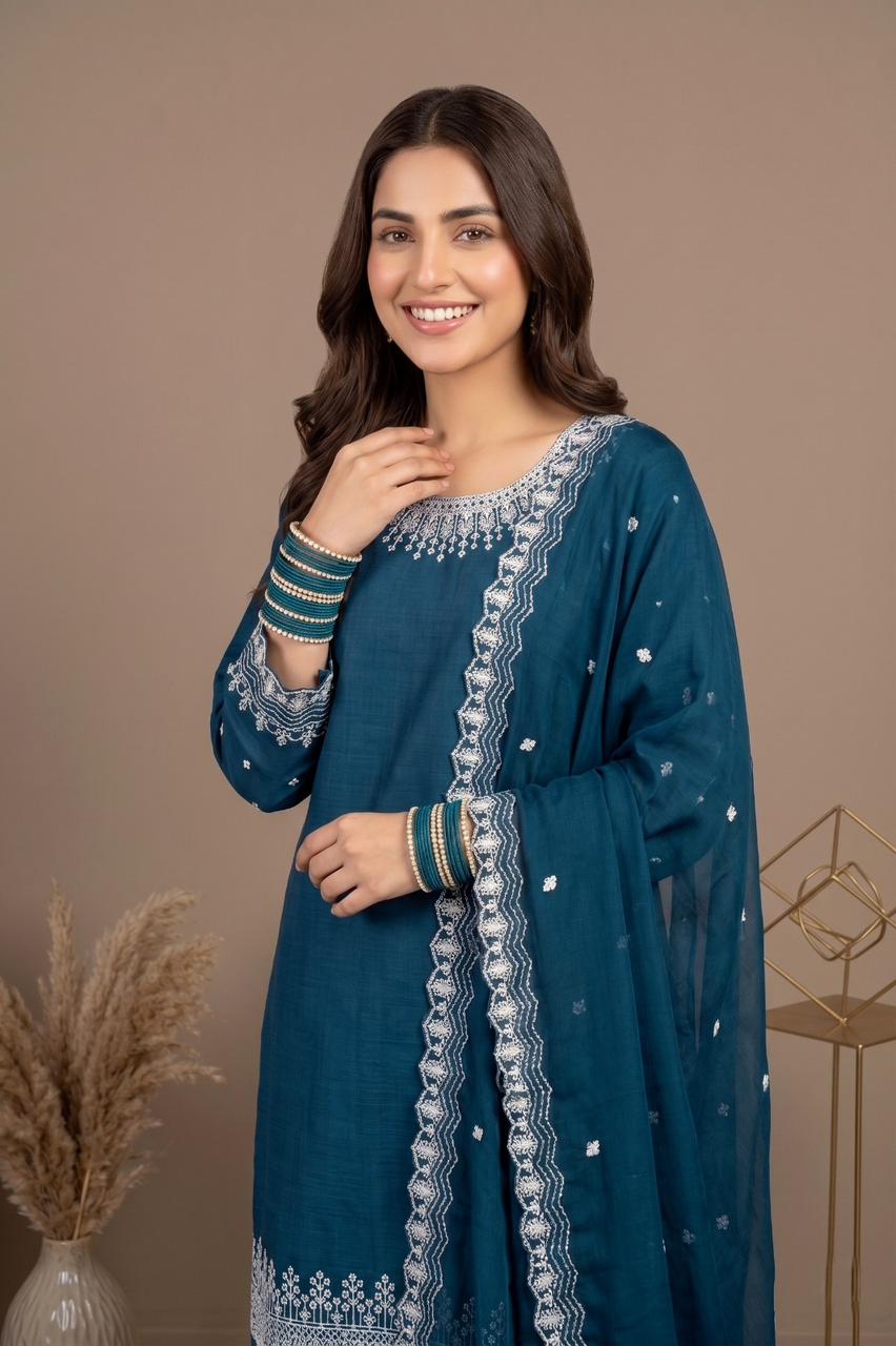 Premium Cotton Embroidered 3-Piece Suit (Plain Trouser & Printed Dupatta) | Pehnavaa Store