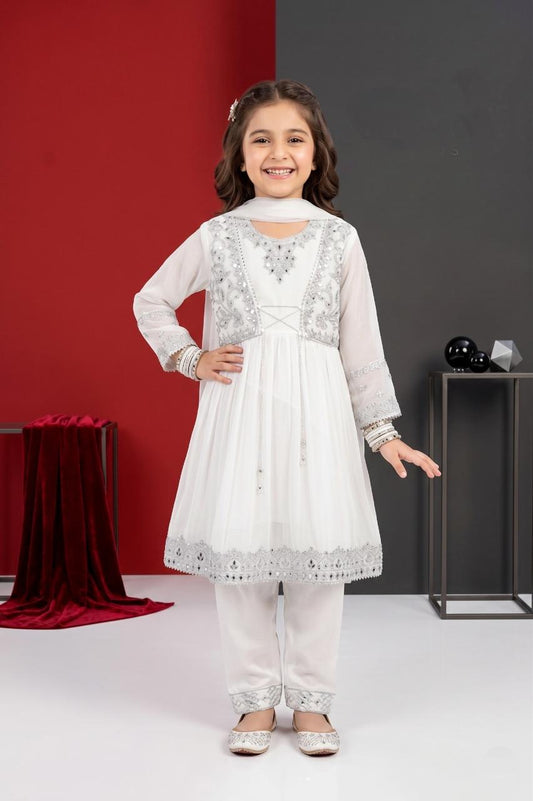 Pehnavaa Girls' Fancy Crinkle Chiffon Frock Set - Embroidered 3-Piece Festive Wear