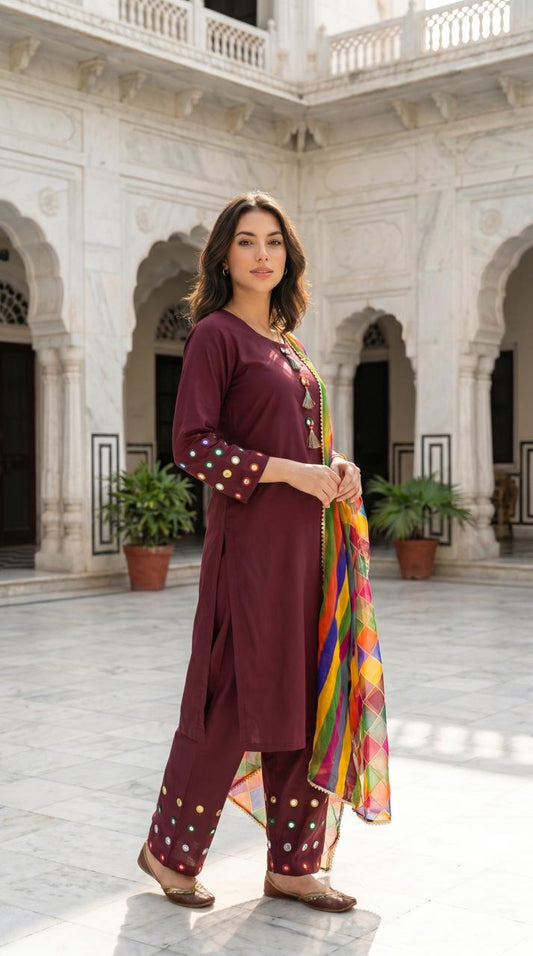 Premium Cotton Mirror Work Suit | 3-Piece Shalwar Kameez with Dupatta