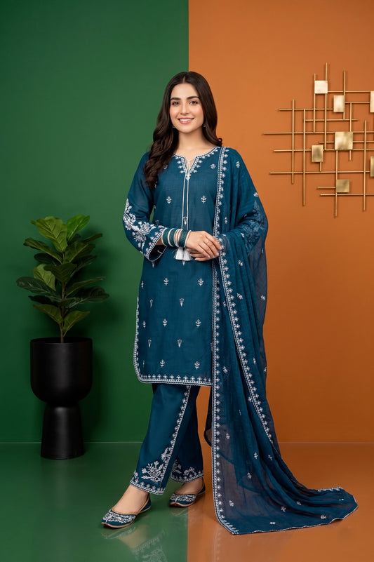 Embroidered Cotton 3-Piece Suit for Women | Kurta, Trouser & Dupatta