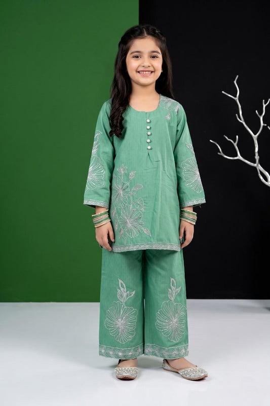 Pehnavaa Girls' Luxury Heavy Embroidered Cotton 2-Piece Suit – Festive Palazzo Set