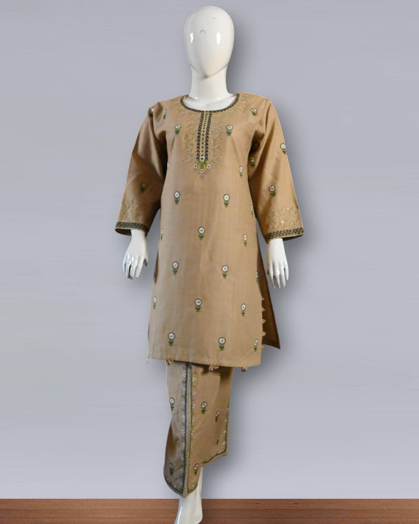 Classic Beige Charm – Cotton Embroidered 2PC Summer Suit