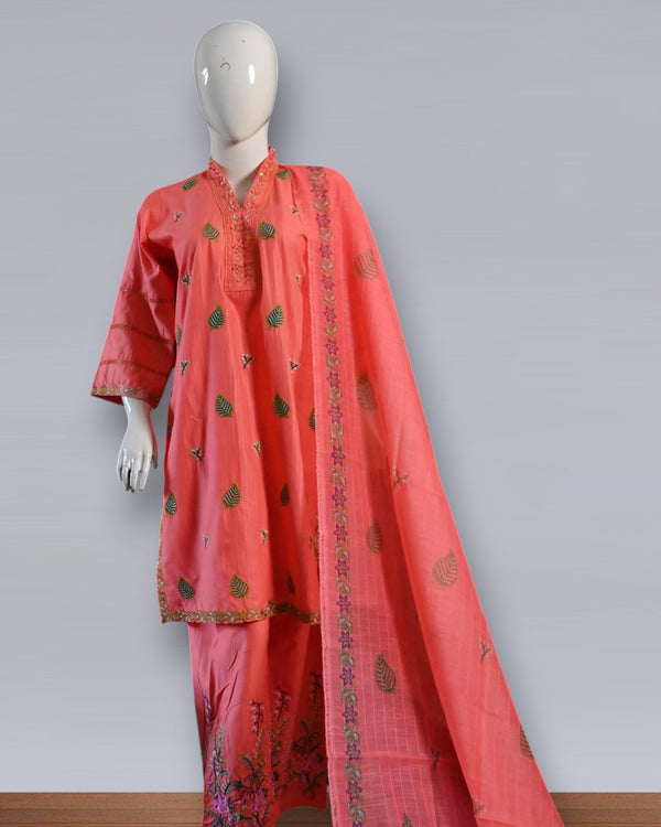 Blush Elegance – Pink Cotton Embroidered 3PC Summer Suit