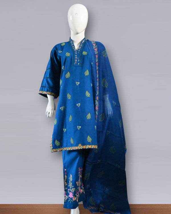 Blue Serenity – Cotton Embroidered 3PC Summer Suit