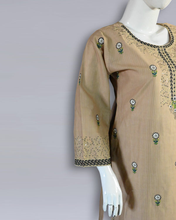 Classic Beige Charm – Cotton Embroidered 2PC Summer Suit