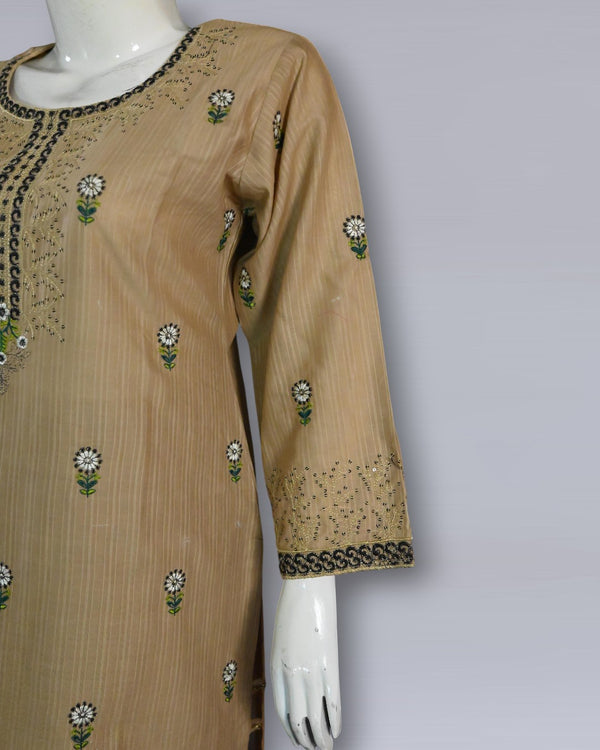 Classic Beige Charm – Cotton Embroidered 2PC Summer Suit