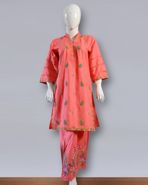 Blush Elegance – Pink Cotton Embroidered 3PC Summer Suit