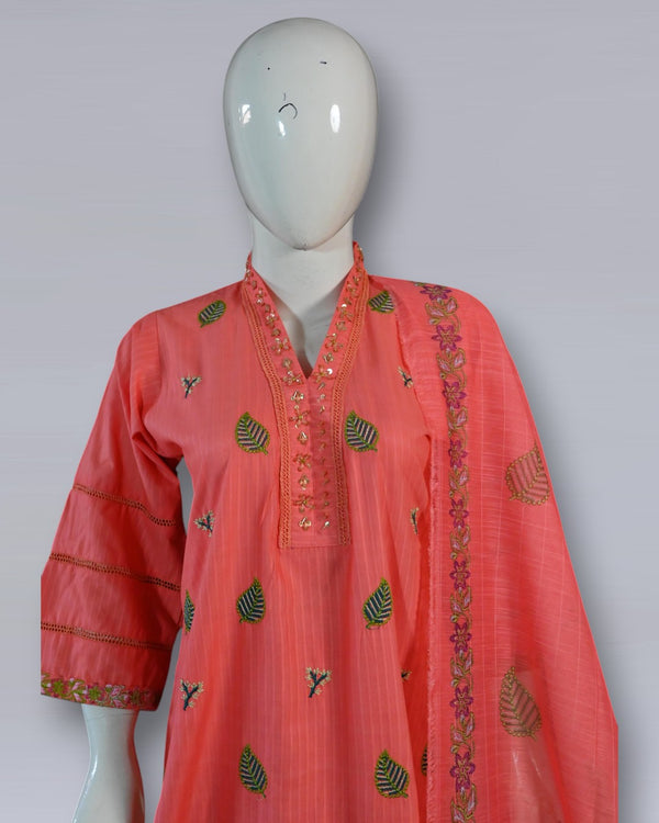 Blush Elegance – Pink Cotton Embroidered 3PC Summer Suit