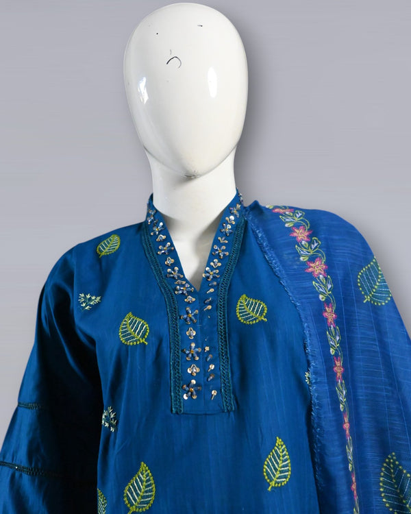 Blue Serenity – Cotton Embroidered 3PC Summer Suit