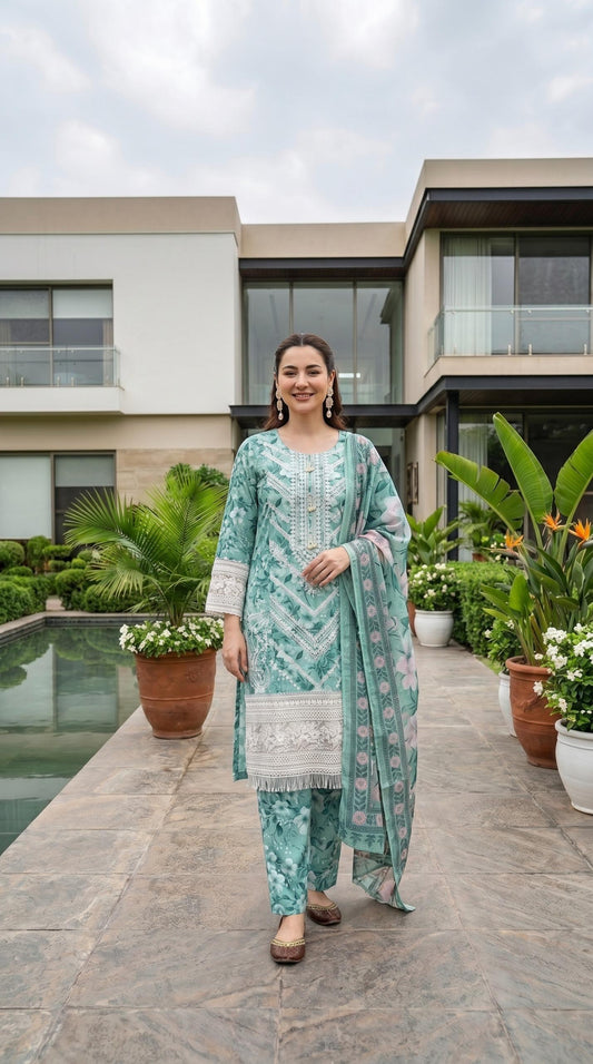 Floral Print Lawn with Embroidery - 3 Piece Suit