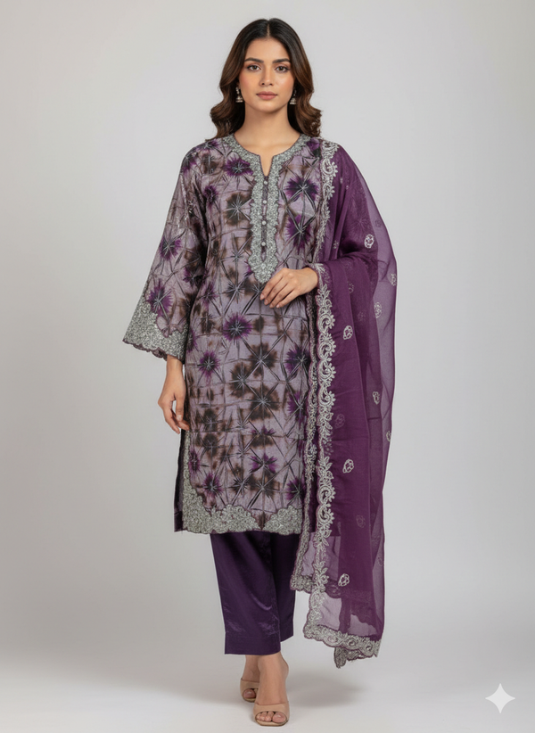 FANCY PRINTED 3PC SHEESHA SILK DRESS EMBROIDERY CHIFFON DUPATTA PLAIN SILK TROUSER