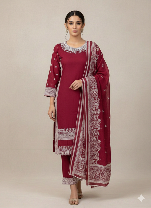 ELEGANT 3-PIECE EMBROIDERED SUIT – DEEP RED WITH INTRICATE WHITE DETAILING