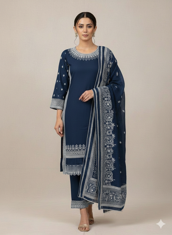 ELEGANT 3-PIECE EMBROIDERED SUIT – DEEP RED WITH INTRICATE WHITE DETAILING