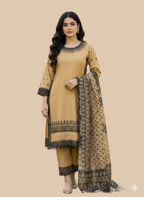 ELEGANT 3-PIECE EMBROIDERED SUIT – DEEP RED WITH INTRICATE WHITE DETAILING