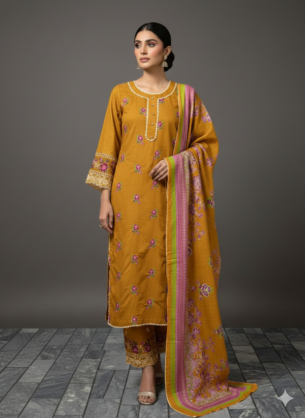3-PIECE SUNFLOWER EMBROIDERED SUIT – ELEGANT & TIMELESS COLLECTION