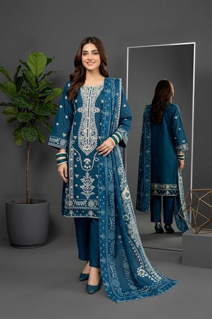 Royal Blue Embroidered Cotton 3-Piece Suit – Premium Stitched Dress with Printed Dupatta