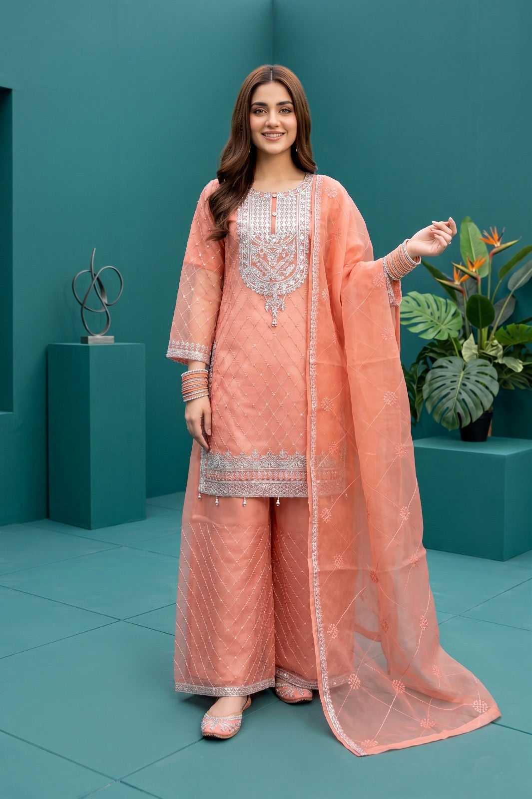 Pehnavaa Premium Embroidered Organza 3PC Stitched Suit for Women