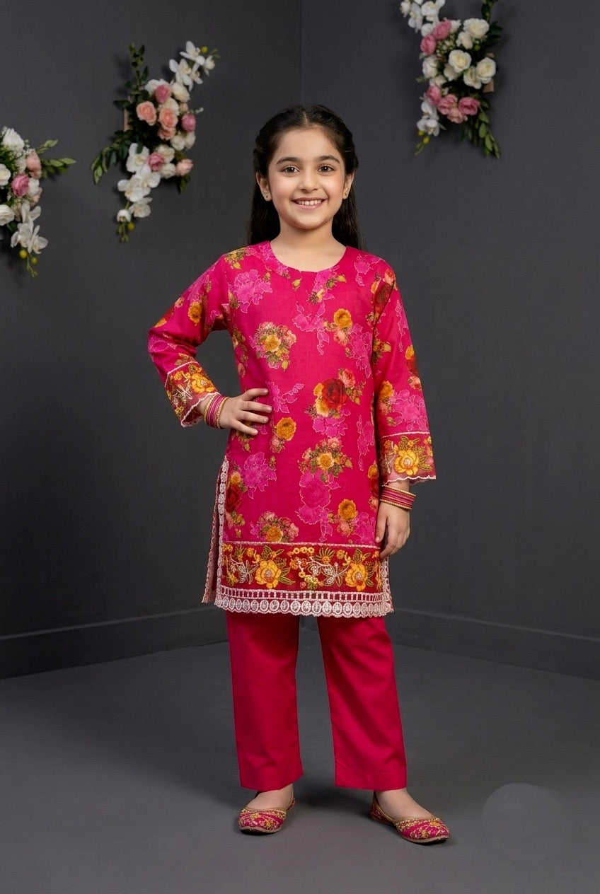 Girls print embroidered 2-pcs