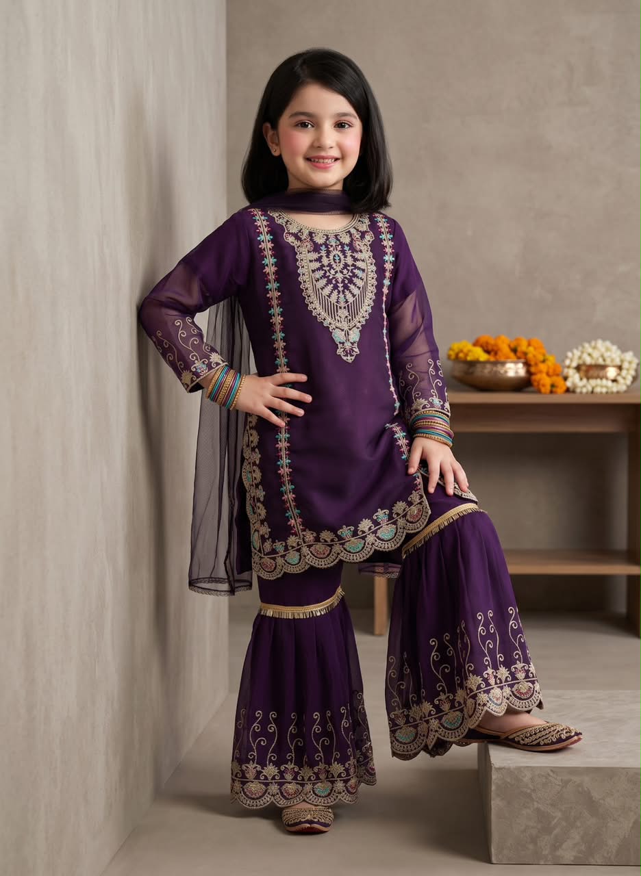 Girl’s Multi-Embroidered chiffon Sharara 3-Pcs Suit