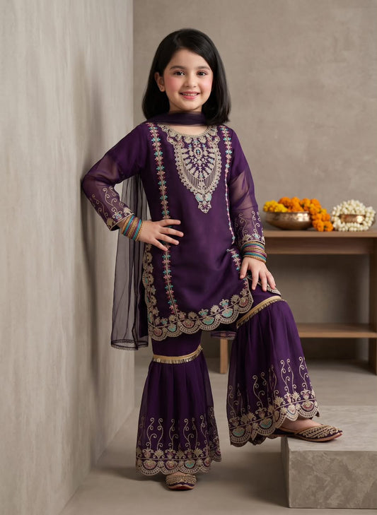 Girl’s Multi-Embroidered chiffon Sharara 3-Pcs Suit