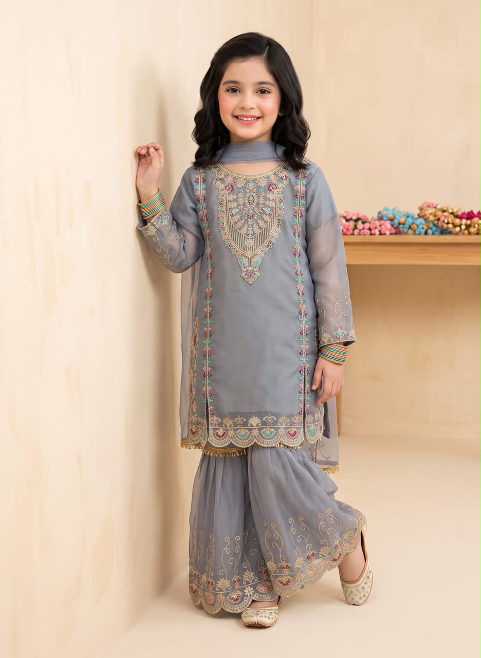 Girl’s Multi-Embroidered chiffon Sharara 3-Pcs Suit