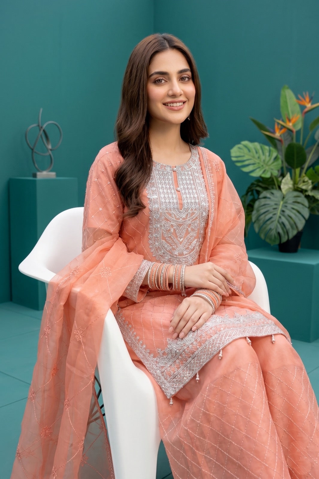 Pehnavaa Premium Embroidered Organza 3PC Stitched Suit for Women